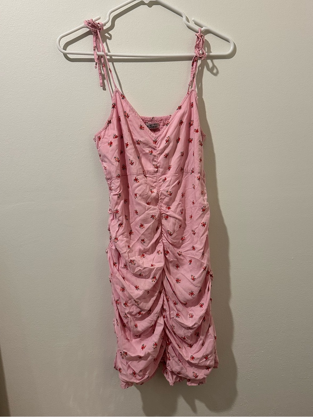 Hollister Pink Floral Ruched Tie-Shoulder Slip Dress